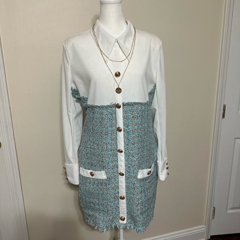 Jenifer Elegant White Tiffany Blue Boucle Tweed Long Sleeve Mini Dress - Picture 2 of 16